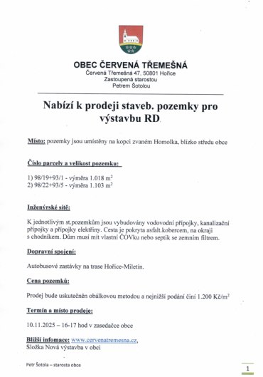 Prodej stavebních pozemků - Červená Třemešná