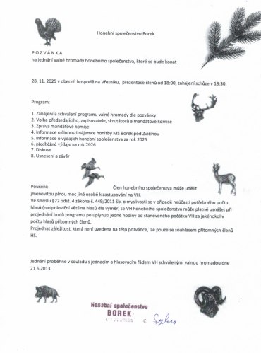 Pozvánka na jednání valné hromady honebního společenstva Borek 28.11.2025
