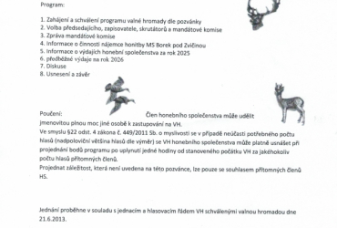 Pozvánka na jednání valné hromady honebního společenstva Borek 28.11.2025