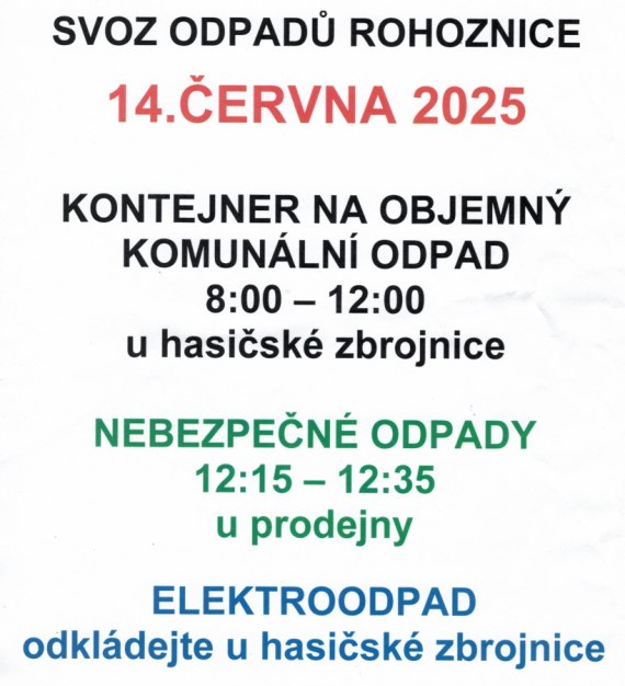 KONTEJNER NA OBJEMNÝ KOMUNÁLNÍ ODPAD 14.6.2025, 8-12 hodin u hasičksé zbrojnice